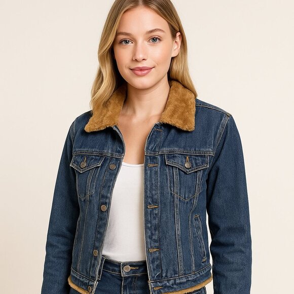 Austin Denim Jacket Size Large Blue Fur Collar Long Sleeve Zip Trucker Western - Picture 13 of 13